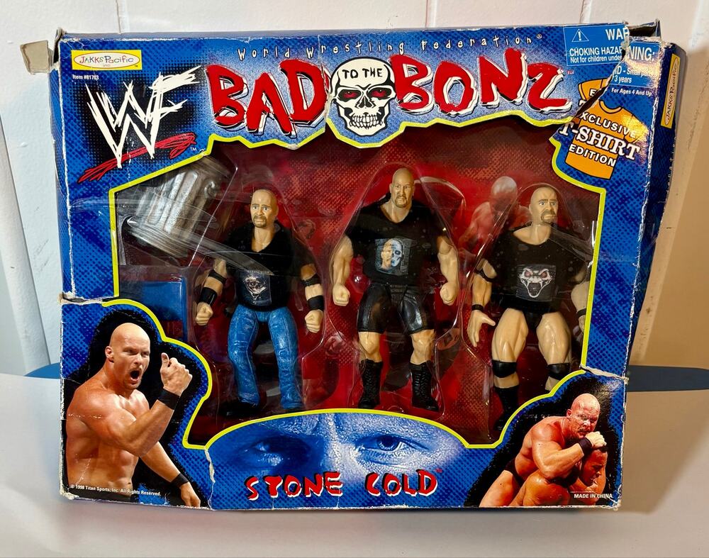 Vtg Stone Cold Steve Austin 1998 Jakks WWF Bad To The Bonz Figure Set 3 Pack WWE